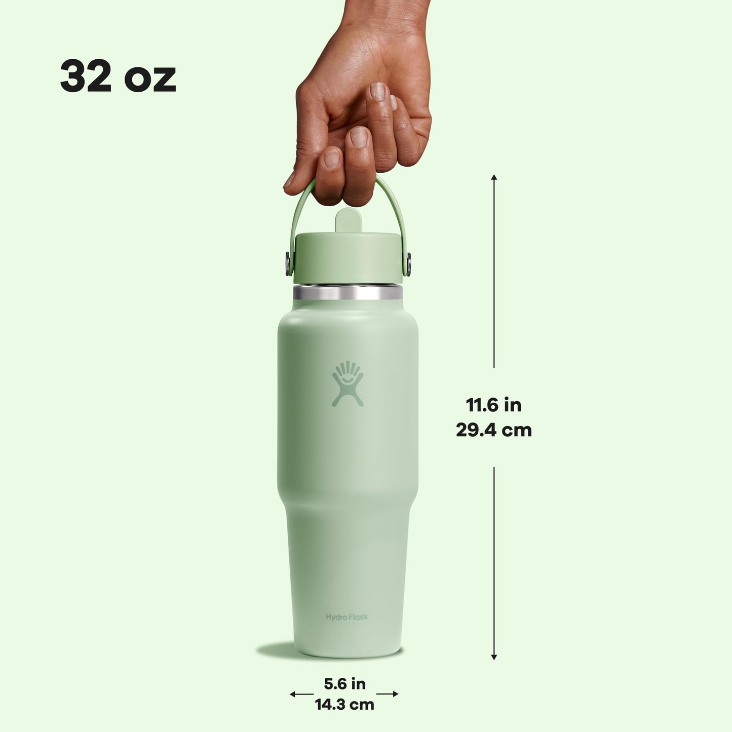 Hydro Flask Travel Water Bottle - Insulated Stainless Steel - Wide Straw Lid, Non Spill, Leakproof in 32 Oz Aloe Green