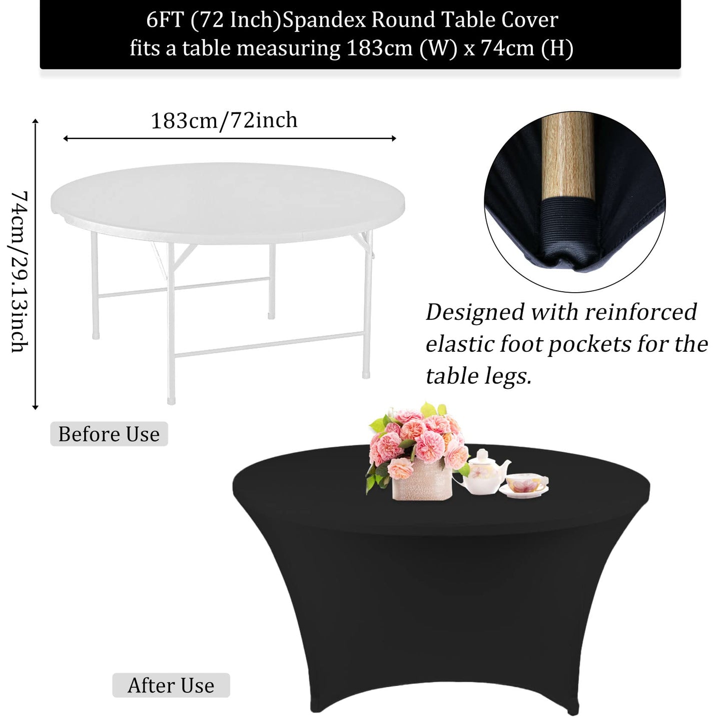4 Pack 6FT Round Spandex Tablecloth 72 Inch Black Stretchable Table Cover Washable and Wrinkle Resistant Table Cloth, Fitted Round Table for Wedding, Banquet, Birthday, Party, Restaurant (Black)