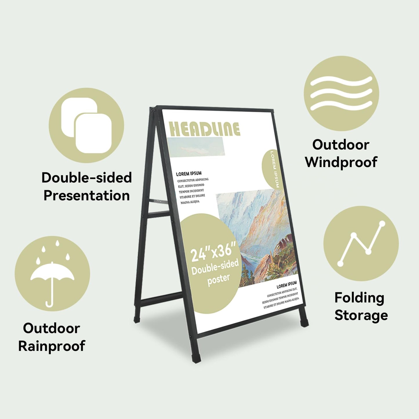 A Frame Sign 24x 36 Inch Heavy Duty Sandwich Board Double-Sided Folding Sign Holder Outdoor Pavement Sign for Businesses Store Signs (Frame only),1PACK