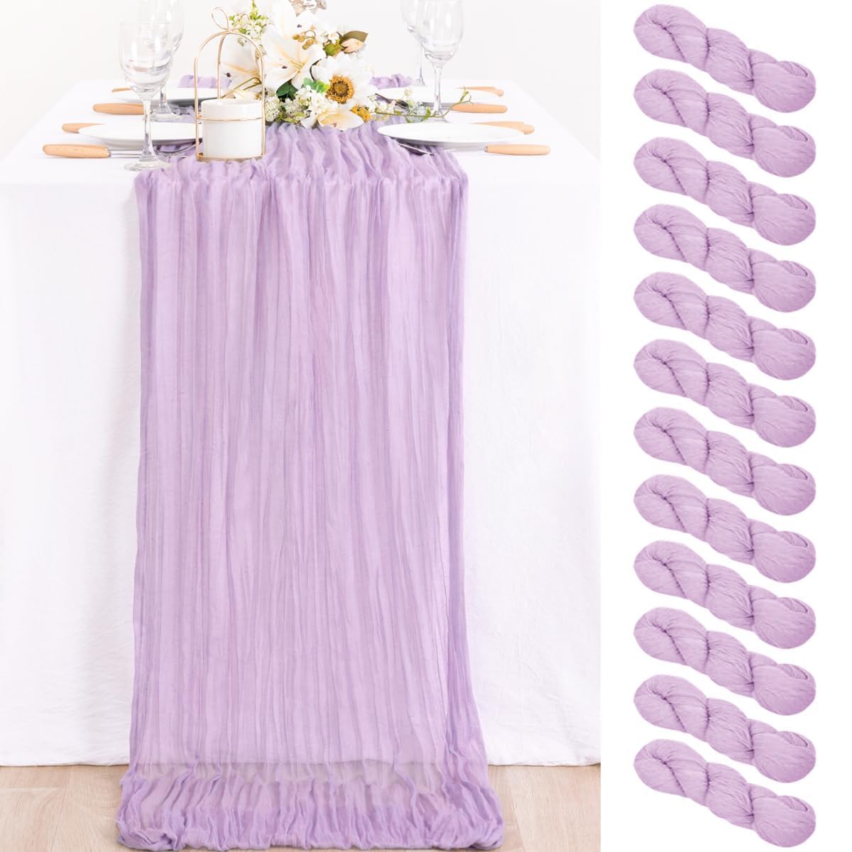 MLMC 12 Pack Lilac Purple Cheesecloth Table Runner 10ft Spring Table Decor Rustic Gauze Lavender Cheese Cloth Table Runner 35x120 Inches for Bridal Shower Baby Shower Birthday Wedding Decor