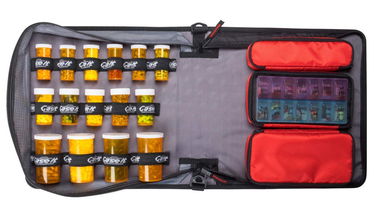 Med Manager Medicine Supply Organizer with Insulin Cooler Travel Case, Holds (15) Pill Bottles - (11) Standard Size and (4) Large Bottles, Black, 13 inches x 13 inches x 4.5 inches