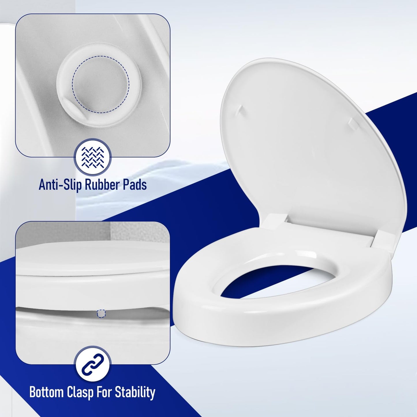 Raised Toilet Seat 3 Inch for Standard Elongated Toilets 18–19 Inch Bowl Length, Not Compatible with Round or One-Piece Toilets, Slow-Close Lid, Non-Slip Stable Design, 772 lb Capacity