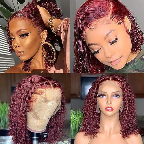 99J Lace Front Bob Wig Curly Wigs for Black Women Wet and Wavy Brazilian Remy Hair Unprocessed Human Hair Wigs Pre Plucked With Baby Hair Lace Frontal Wigs With Natural Hairline Wine Red 14 Inch