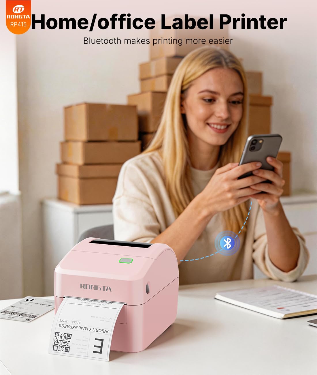 Rongta 4x6 Bluetooth Shipping Label Printer - Thermal Label Printer for Shipping Packages, Small Business, Home, Office, Compatible with Amazon, Tiktok, Etsy, USPS, Commercial Grade, Pink