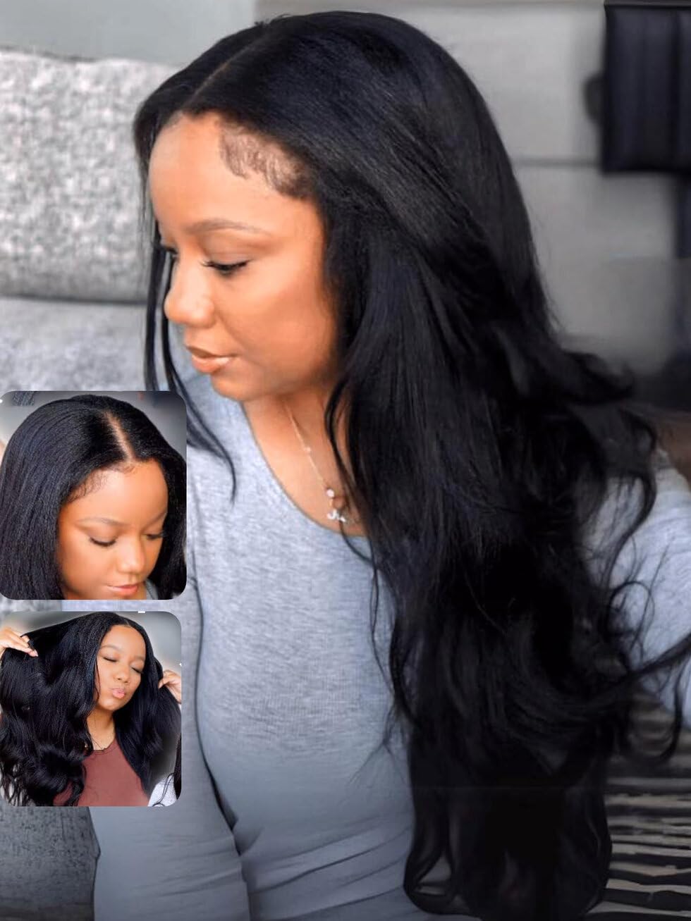 UNICE EasiContour V Part Wigs Human Hair Yaki Straight Glueless Clip in Vpart Wig Magic Leave Out Upgrade U Part Human Hair Wig Ready to Go Wig Beginner Friendly Natural Color 150% Density 18 Inch