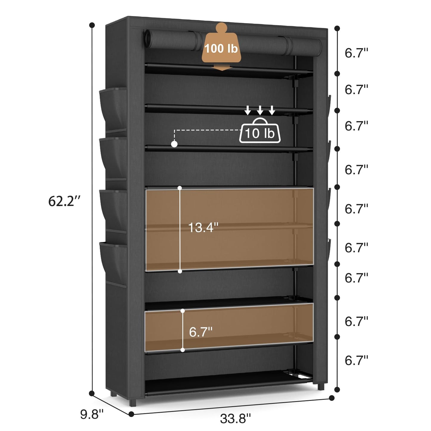 BrFoYu Shoe Rack with Cover, 10 Tier Shoe Organizer Storage for 40-50 Pairs Sneaker and Boots, Large Capacity, with 8 Pockets, Free Standing Tall Shoe Rack for Front Door Entrance, Closet