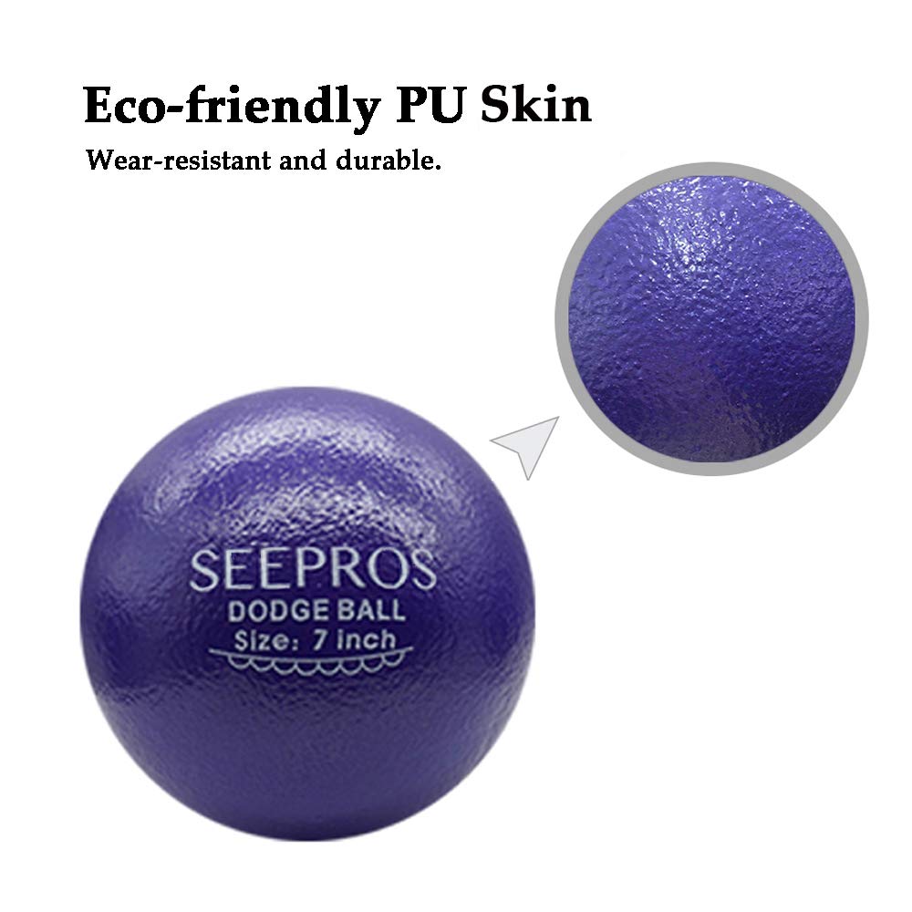 N-A SEEPROS Foam Dodgeball Set - Soft Skin, Low Bounce, Set of 6 with Mesh Storage Bag for Kids and Adults(7 inch)