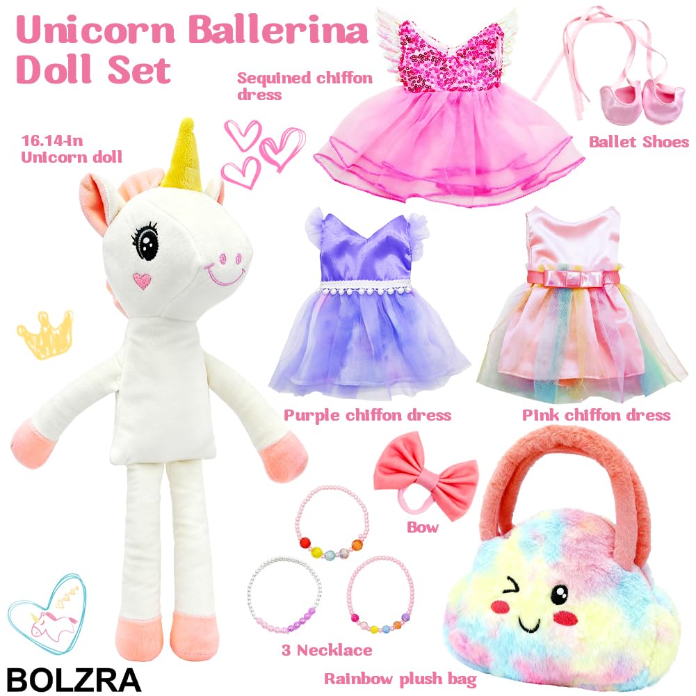 Ballerina Unicorn Toys for Girls Age 4-6, Unicorn Stuffed Animal Dolls Playset, 3 Set Ballet Princess Dress Up Doll with Rainbow Plush Bag, Unicorns Gifts for Birthday Easter Basket Stuffers