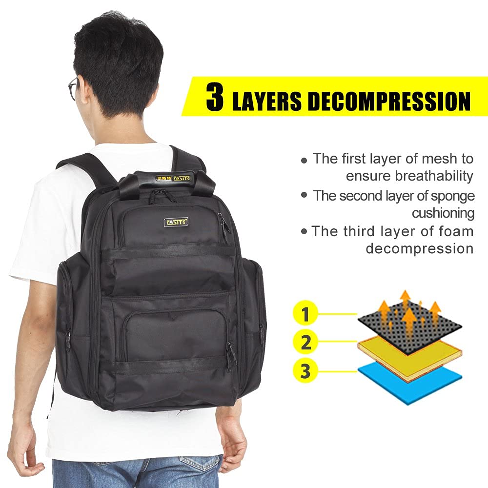 FASITE Tool Backpack bag, Heavy Duty Tool Organizer for Electrician/Contractor/Plumber/HVAC, Large Front Flap & Laptop Compartment (Fits 15" Laptop), Professional Storage for Men & Women, Black