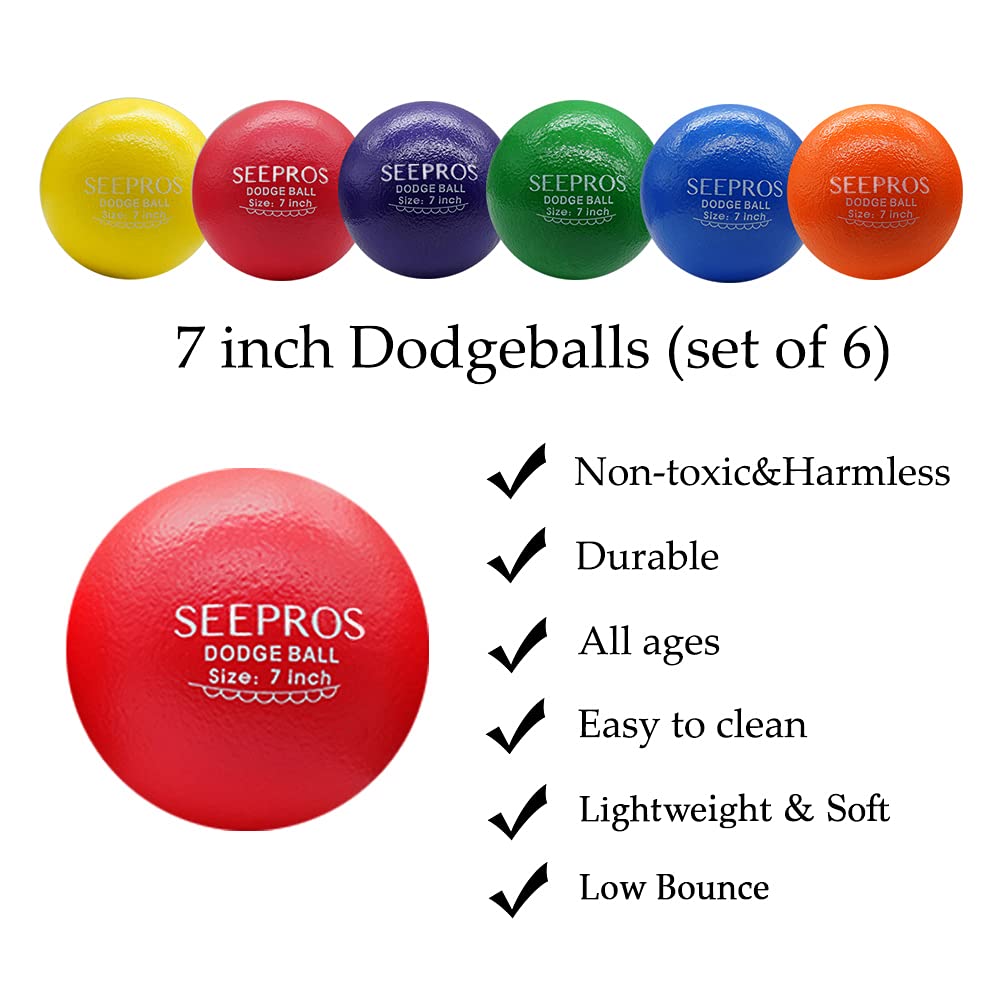 N-A SEEPROS Foam Dodgeball Set - Soft Skin, Low Bounce, Set of 6 with Mesh Storage Bag for Kids and Adults(7 inch)