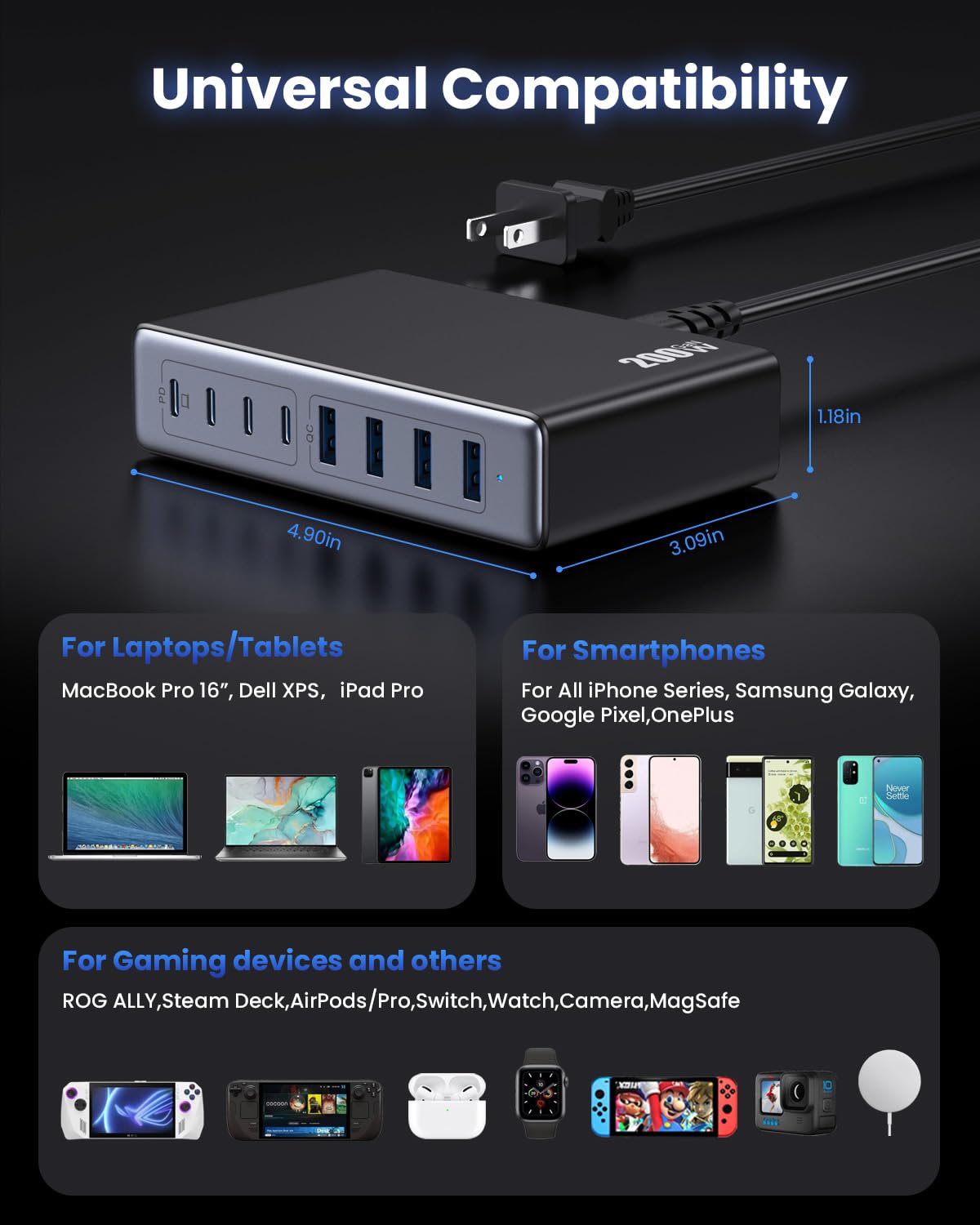 200W USB C Charger Block,GaN III USB Charging Station 8 Ports,QC4.0 Fast Charging Station Hub+PD 65W USB C Laptop Charger Adapter Compatible with MacBook Pro,DELL,iPhone 16/15,iPad,Steam Deck-Black