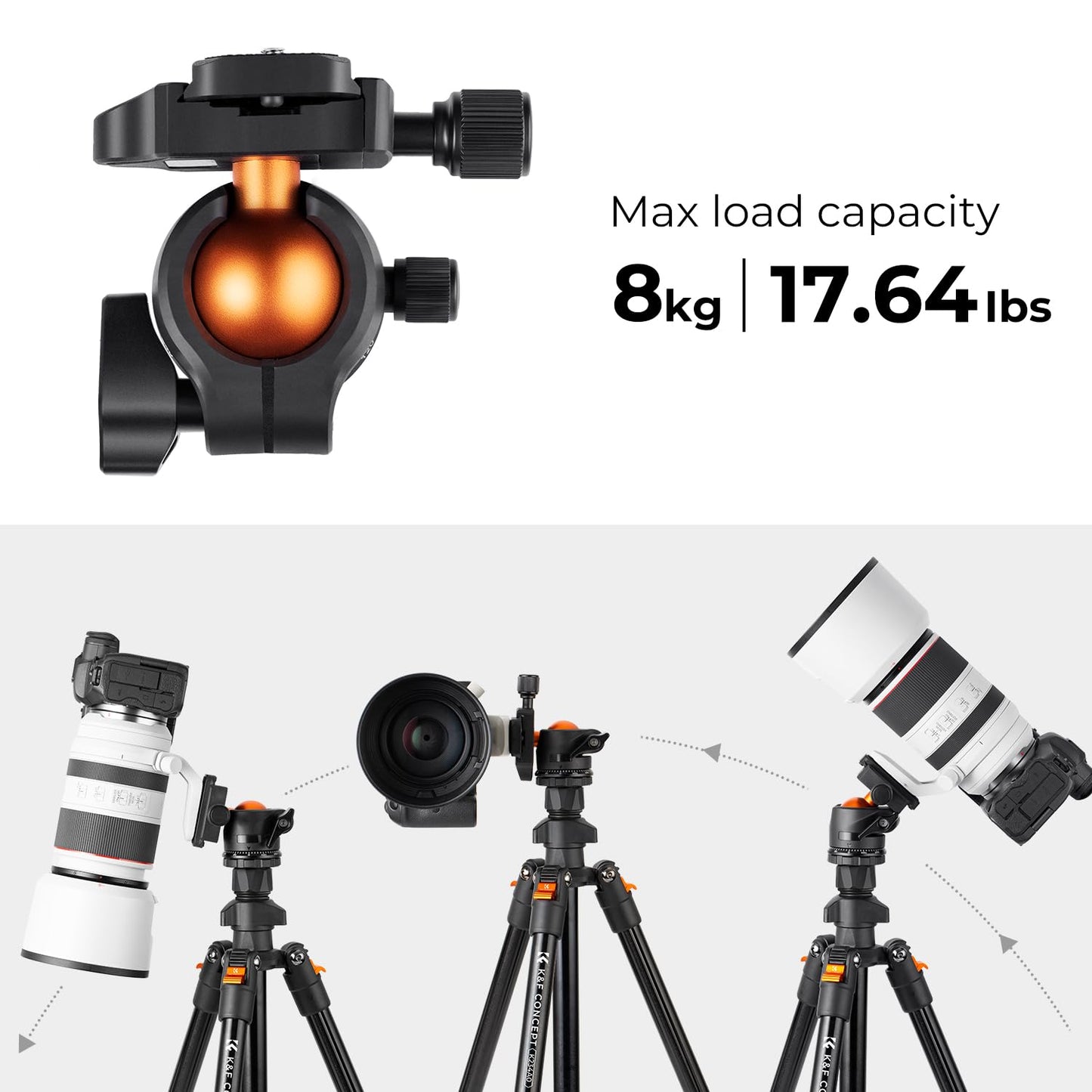 K&F Concept 64 inch/163cm Camera Tripod,Lightweight Travel Outdoor DSLR Tripods with 360 Degree Ball Head Load Capacity 8kg/17.6lbs,Cellphone Clip for Smartphone Live Streaming Vlog K234A0+BH-28L