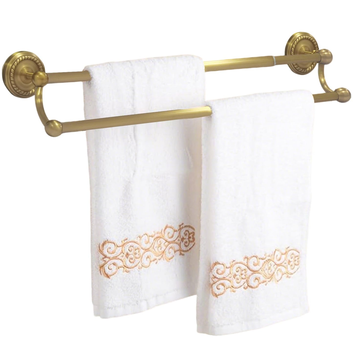 Double Towel Bar, Antique Brass Bathroom Towel Racks Wall Mounted, Adjustable Vintage Gold Towel Bar Fits 16.4 to 27.8 Inch Wall Space, Heavy Duty Rustproof Brass Towel Rod Holder for Kitchen Laundry
