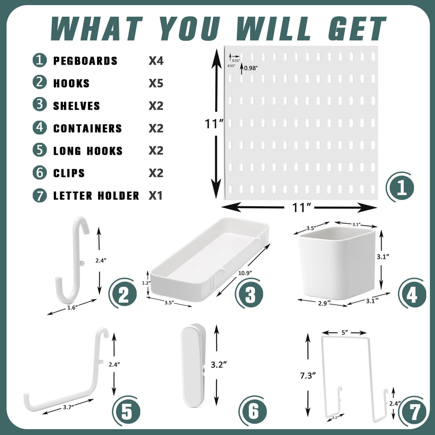 MULSAME Pegboard Combination Kit, Wall Mounted Storage Set with 4 Pegboards & 14 Accessories Hanging, White Peg Boards Organizer for Walls Display, Crafts Organization, Kitchen Organizer, 22" x 22"