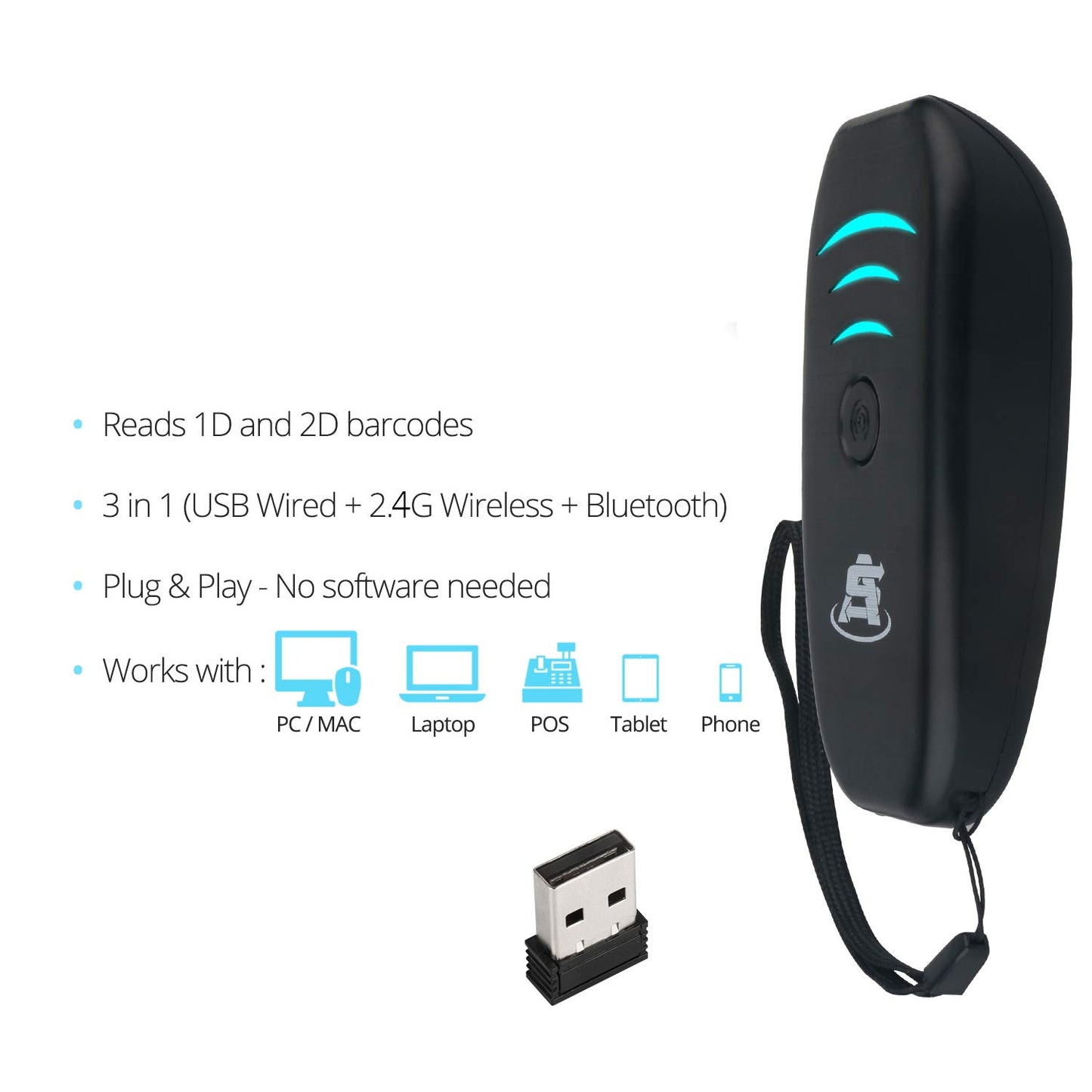 ScanAvenger Portable Mini-Wireless Bluetooth Barcode Scanner: Hand Scanners - Cordless, Rechargeable 1D & 2D Scan Gun for Inventory Management Wireless, Handheld USB QR (1D&2D Mini Barcode Reader)