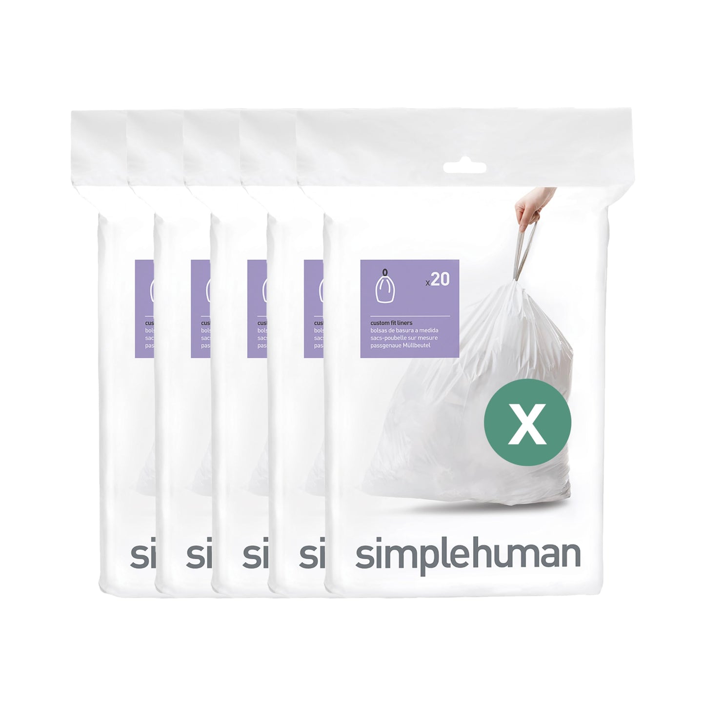 simplehuman Code X 100 Count Custom Fit Liners, Heavy-Duty Commercial Drawstring Trash Bags, One-by-One Mess-Free Dispense, Extra Thick & Double Seamed, 50% PCR Plastic, 80 Liter / 21 Gallon, White