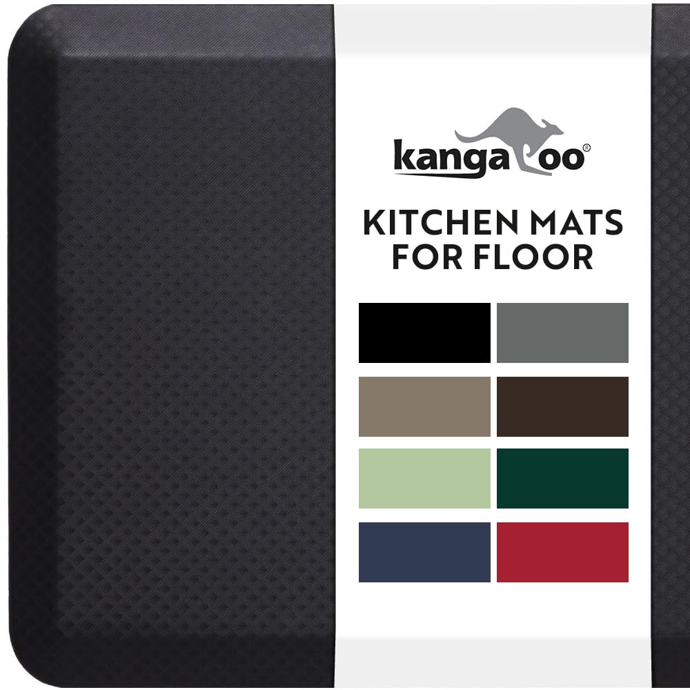 KANGAROO Thick Ergonomic Anti Fatigue Mats for Kitchen Floor, 48x20, Cushioned Standing Office Desk Mat, Waterproof Scratch Resistant Topside, Supportive All Day Comfort Padded Foam Rugs, Black