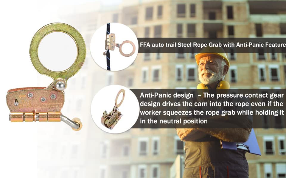 FHFallArrest Fall Protection Rope Grab with Anti-Panic Feature, Auto-Trail Double Locking Rope Grabs Fall Arrester, Used with 5/8” Lifeline Rope, for Construction, Climbing, Comply to ANSI/OSHA