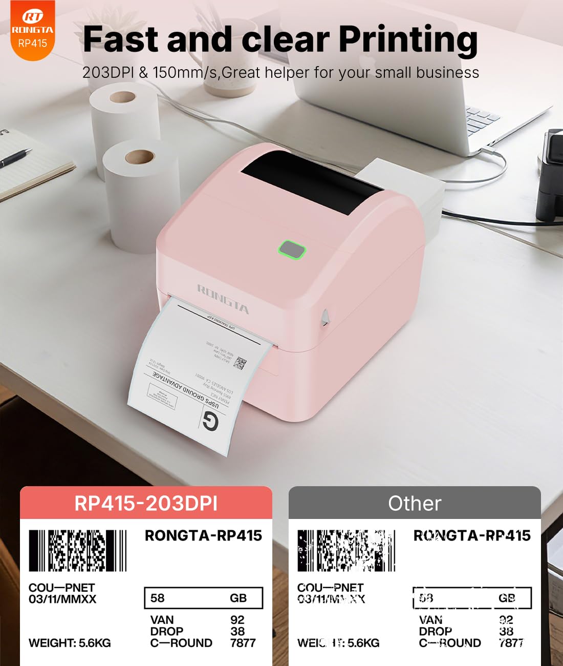 Rongta 4x6 Bluetooth Shipping Label Printer - Thermal Label Printer for Shipping Packages, Small Business, Home, Office, Compatible with Amazon, Tiktok, Etsy, USPS, Commercial Grade, Pink
