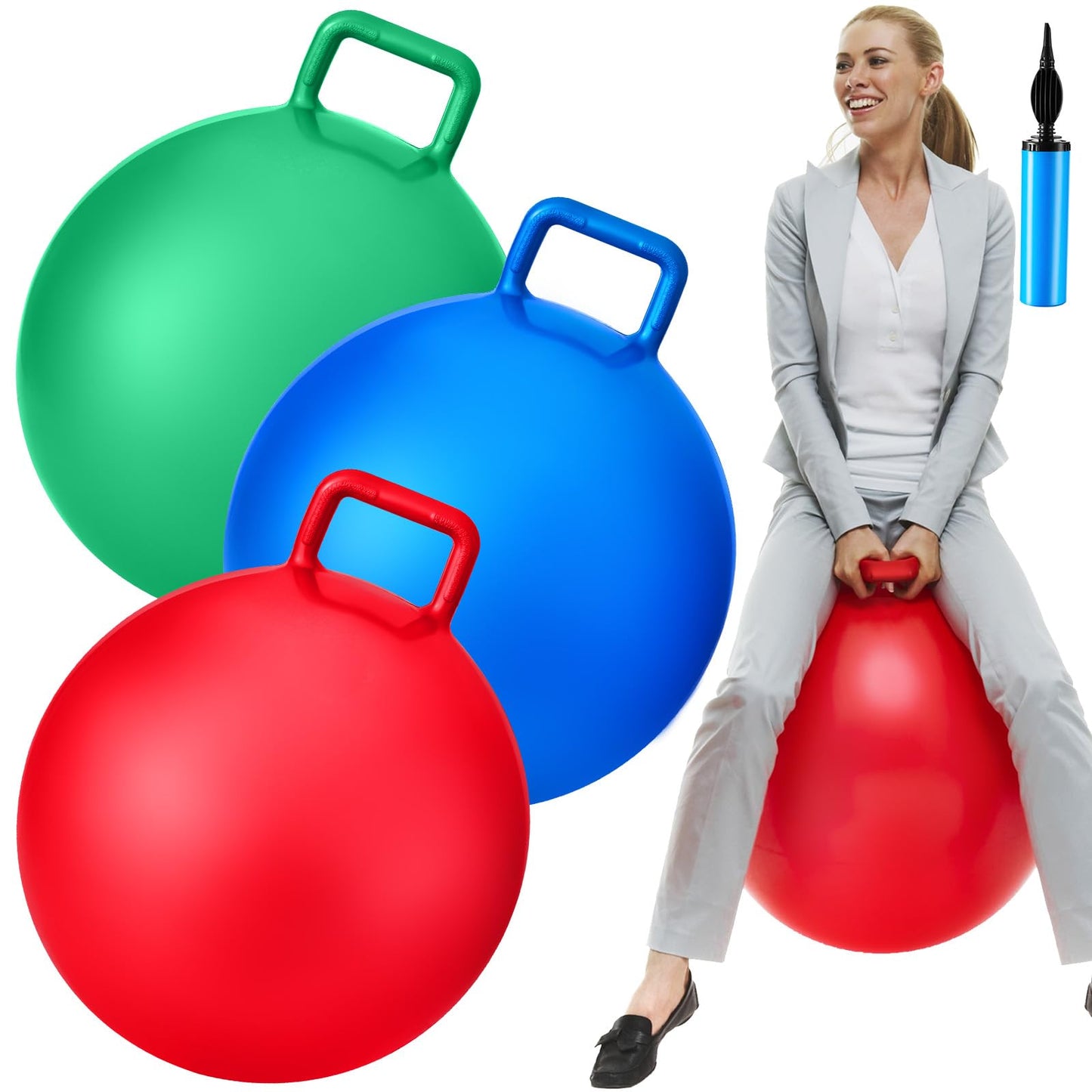 Lewtemi 3 Pcs 29 Inch Bouncing Ball with Handle, Outdoors Hopper Jumping Hopping Ball and Air Pump for Sports School Games Exercise (Red, Blue, Green)