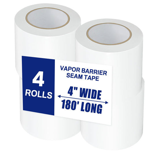 Bghdas 4 Roll, White Vapor Barrier Tape, 4" Wide x 180' Long, PE 9 mm Polyethylene Tape, for Stucco Waterproof Moisture Barriers Seal and Seam, for Crawlspaces, Insulation Repairs & Plastic Liners