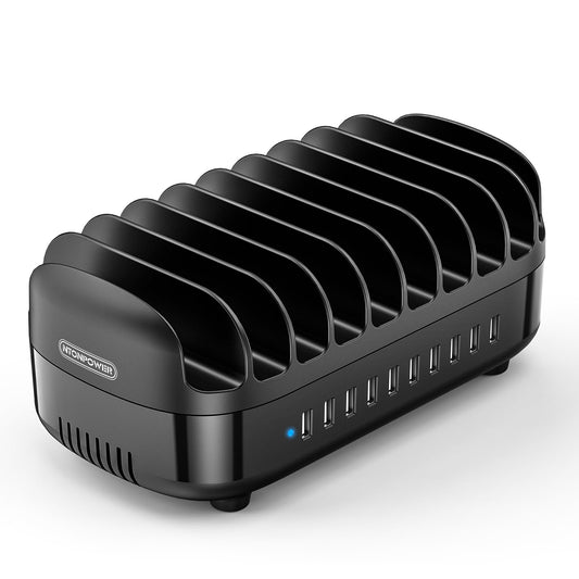 10 Ports Charging Station for Multiple Devices, 120W Charging Station Organizer, USB Charging Docking with Cooling Fan, for iPhone, for iPad, Tablet, Kindle, ETL Listed (2.4A Each, 24A in Total)