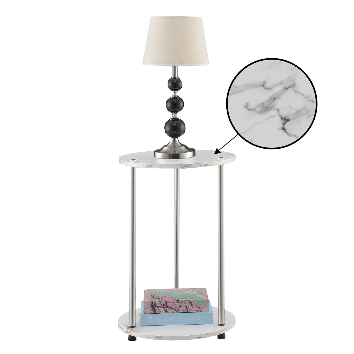 Convenience Concepts Designs2Go No Tools 2-Tier Round End Table, Faux White Marble/Chrome