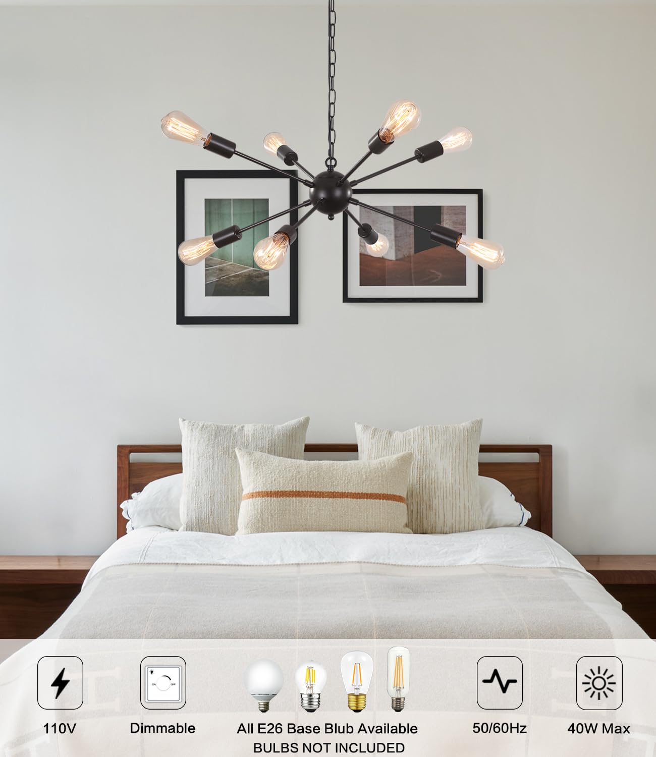 LASENCHOO 8 Lights Plug in Chandelier,Hanging Lights with Plug in Cord 16.4ft & On/Off Switch,Black Plug in Pendant Light,Modern Sputnik Chandeliers for Dining Room Living Room Bedroom Kitchen Island