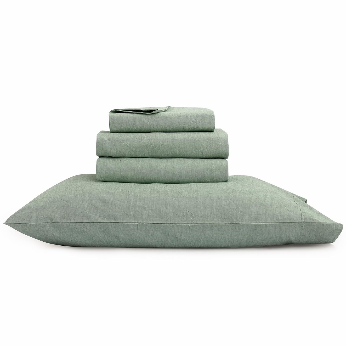 BESTOUCH Sheet Set 100% Washed Cotton Linen Feel Super Soft Comfortable Chic Lightweight 4 Pcs Home Bedding Set Solid Green King