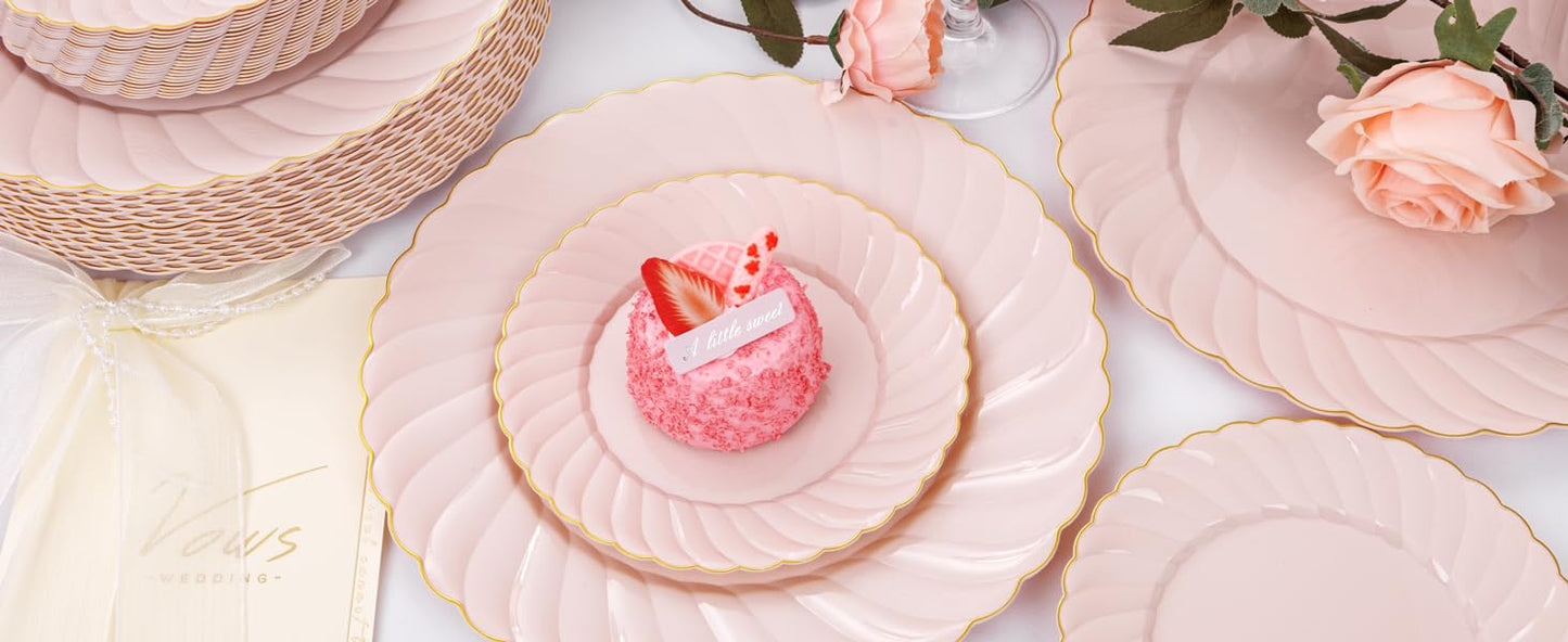 YOUBET 125Pieces Pink Plastic Plates with Gold Rim-Gold Plastic Silverware Include 25 Dinner Plates 25 Dessert Plates 75 Gold Silverwares for Wedding Birthday & Parties