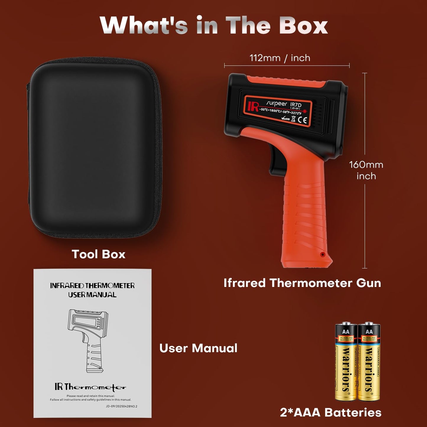 Surpeer -58℉~3272℉ Infrared Thermometer IR Gun, High-Temp Digital Temperature Gun, 50:1 Non-Contact Pyrometer for Kiln, Forge, Furnace, Engine, HVAC & Industrial Applications