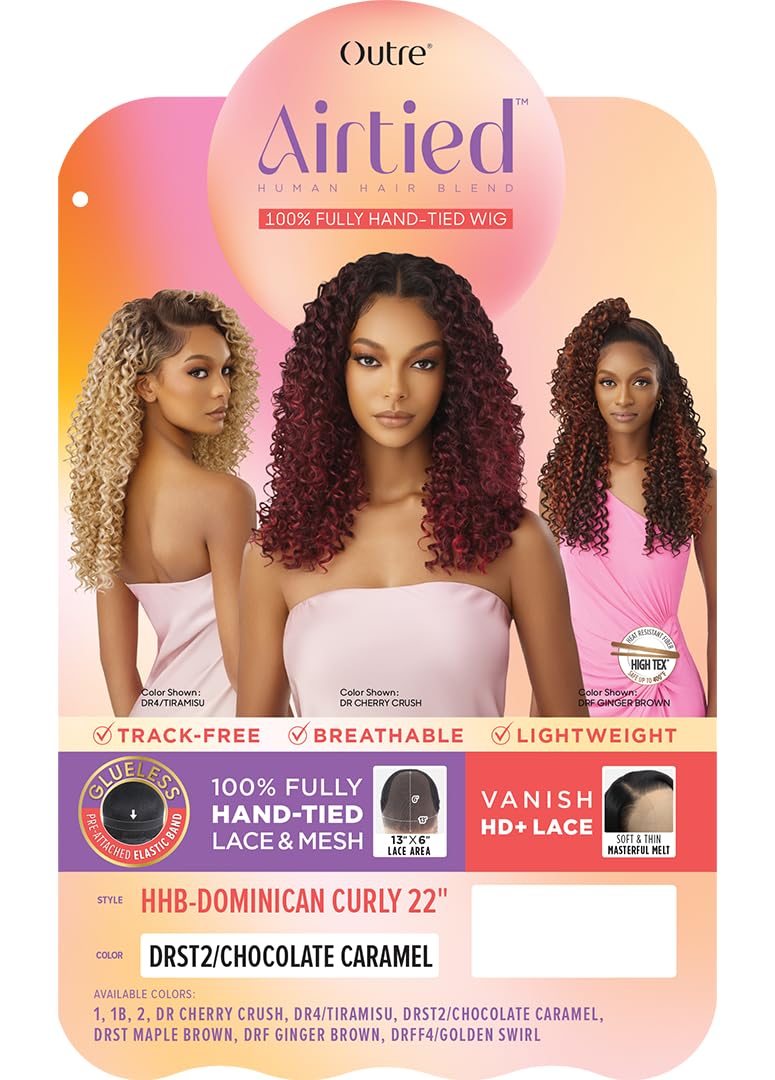 Outre Airtied 100% Fully Hand-Tied Wig - Human Hair Blend - Dominican Curly 22" (DRST2/CHOCOLATE CARAMEL)