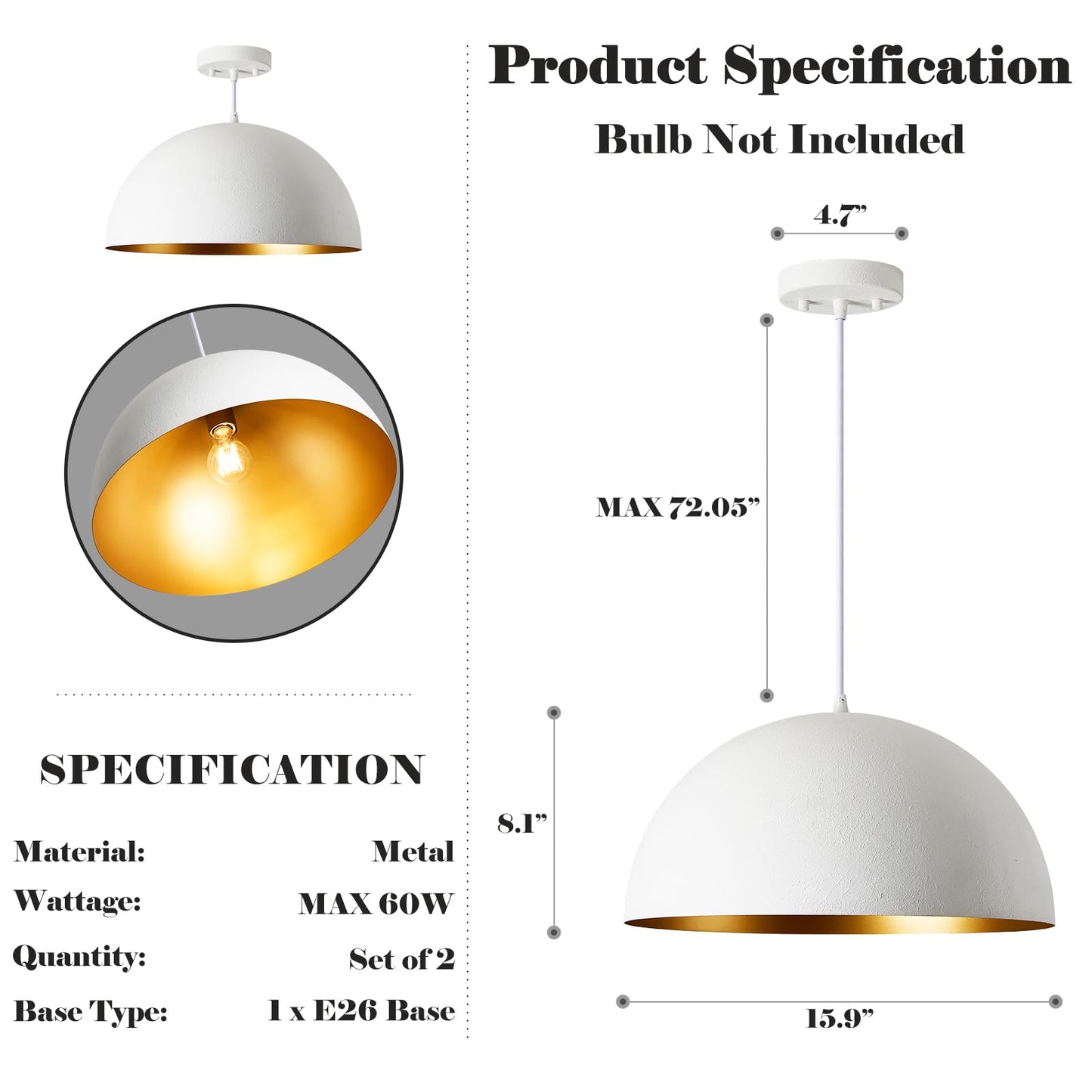 16” Large Dome Pendant Light Fixtures, White and Gold Hemispheric Pendant Lights Kitchen Island, Modern Adjustable Hanging Ceiling Light Chandelier for Kitchen Island Living Room Dining Room, 2 Pack