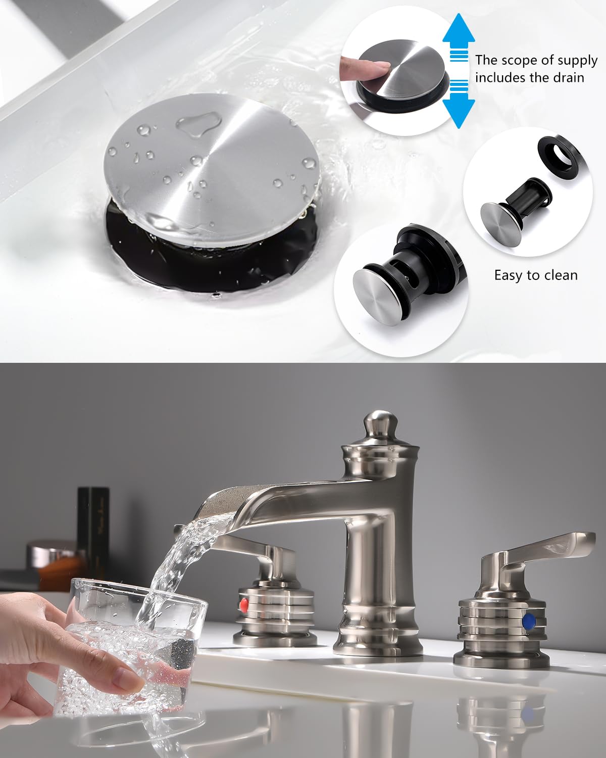 Fapully Brushed Nickel Bathroom Sink Faucet, Waterfall Bathroom Faucets 3 Hole, 8 Inch Widespread Bathroom Faucet with Pop-up Drain, 2-Handle Faucet for Bathroom Sink Vanity RV