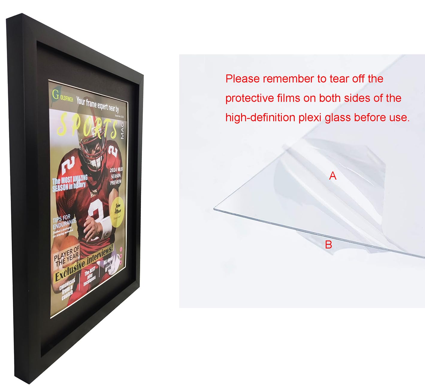 Goldfinch 4 Packs Sports Magazine Frame Displays Magazines Measuring 8.5 x 11.25 or 8.25 x 11 inches with Double Black Core Matting, Deep Frame Moulding, with Installed Hangers