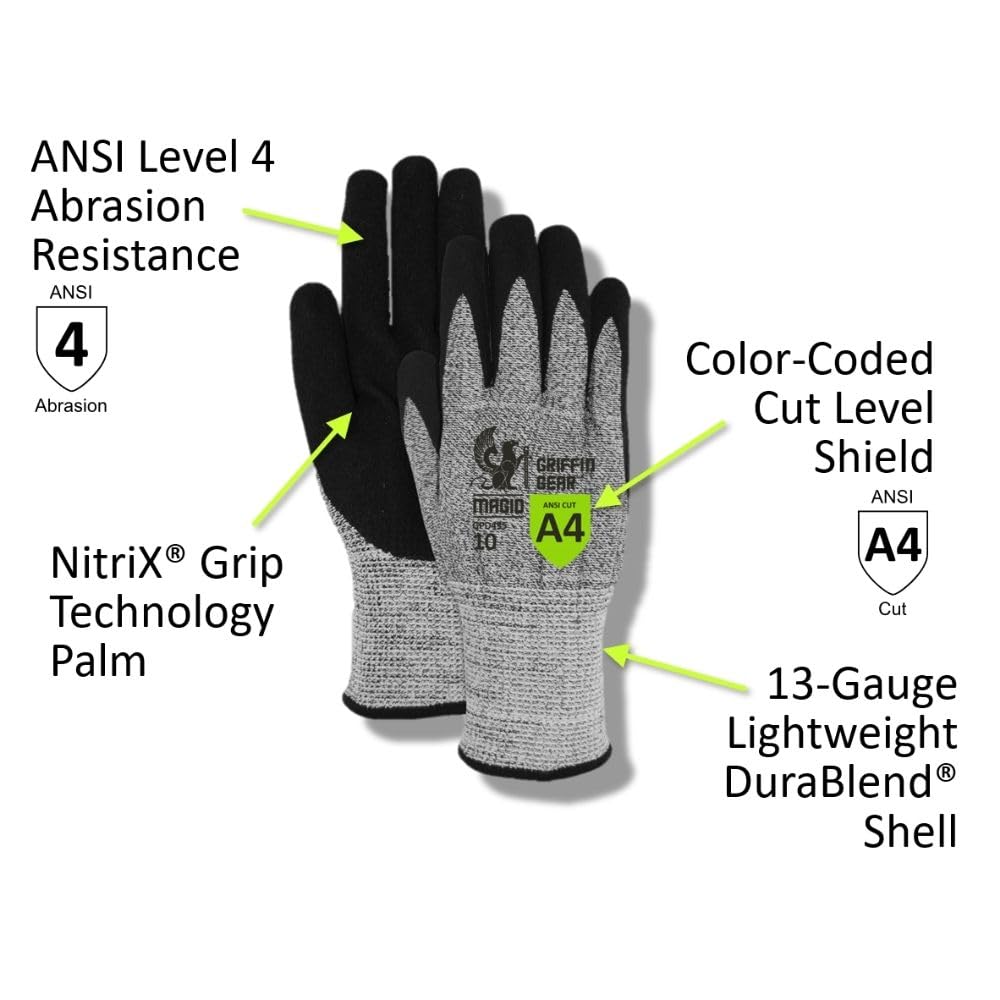 MAGID Griffin Gear ANSI A4 Sandy Nitrile Coated Work Gloves, 12 Pairs, Size 9/Large, GPD455