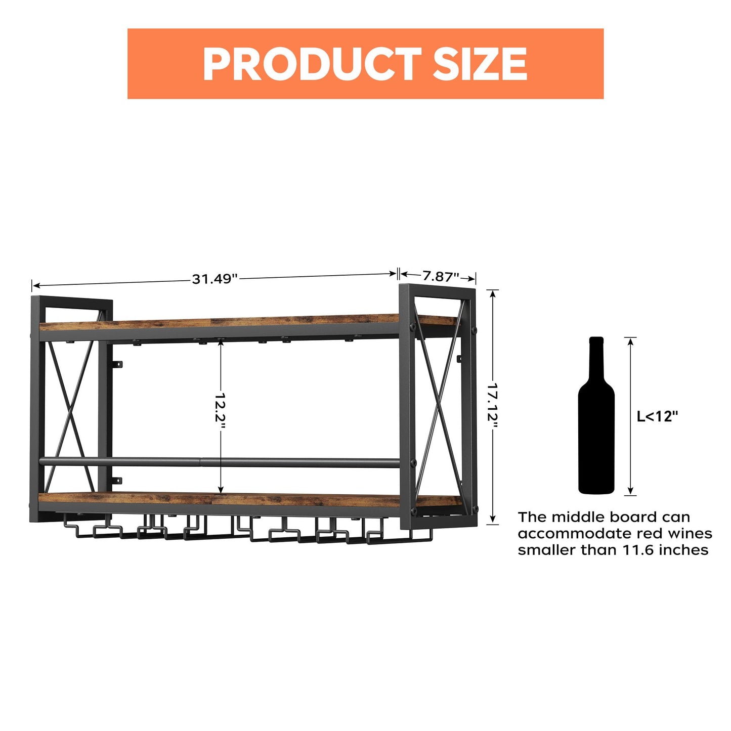 Homeiju Wall Mounted Wine Rack, Bottle & Glass Holder Wood-Metal Retro Wine Rack, Wine Bottles Display Wall Storage for Kitchen Dining Room Home Bar