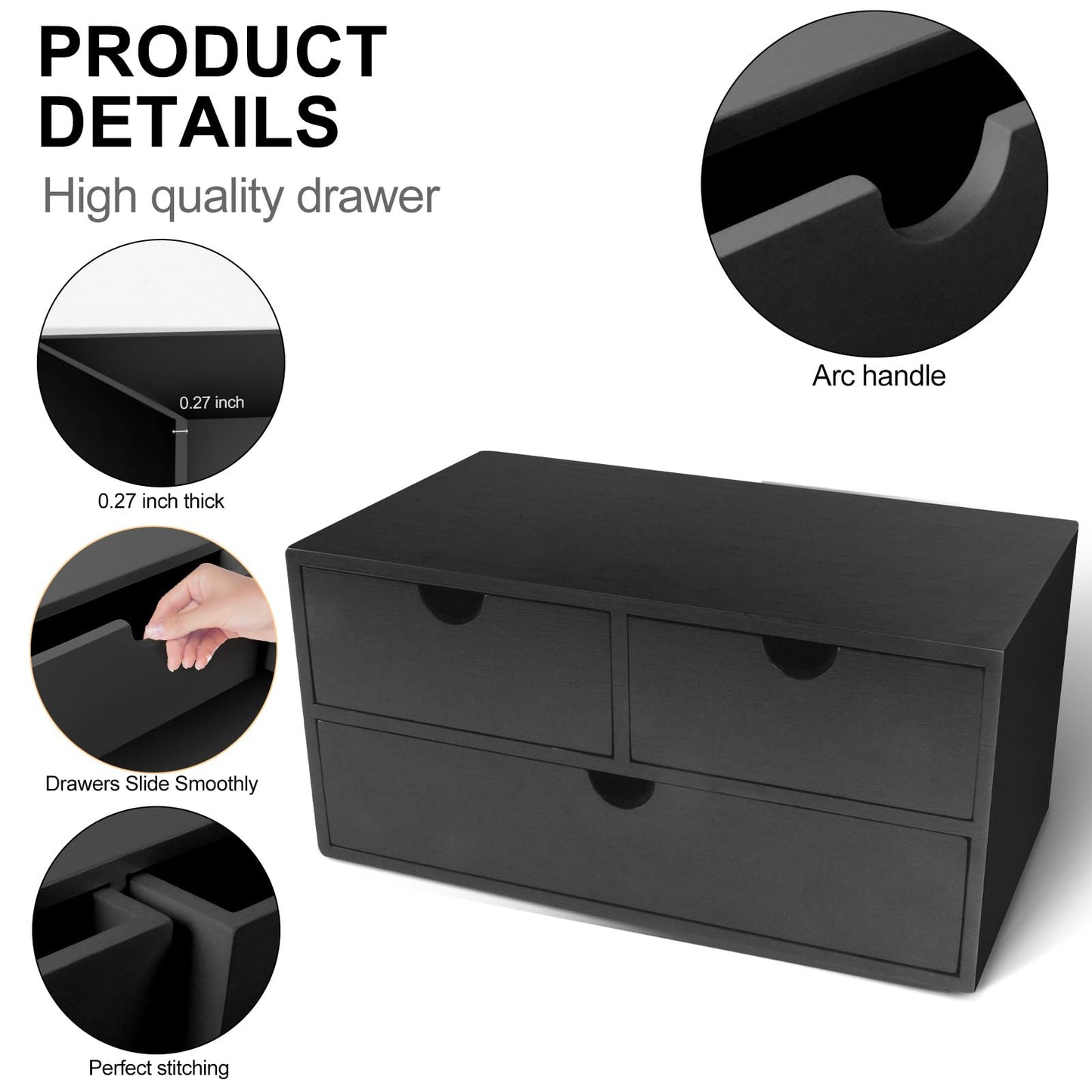 Charmewooden desk organizer with drawers countertop drawer organizer Tabletop Storage Organization Box Home Office Workspace Bathroom Toiletries Supplies (black)