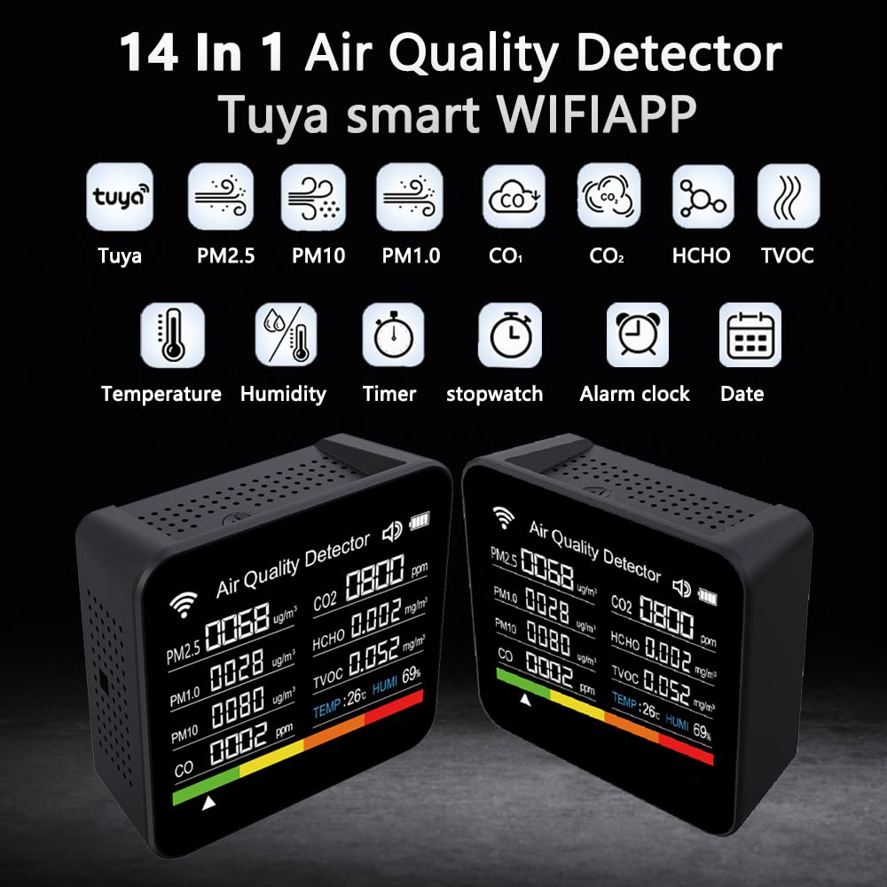 14-in-1 Air Quality Monitor, Indoor Temperature Sensors, Detect PM2.5/PM1.0/PM10/CO2/CO/TVOC/HCHO/Temperature/Humidity, Air Quality Meter for RV Home Office School Hotel