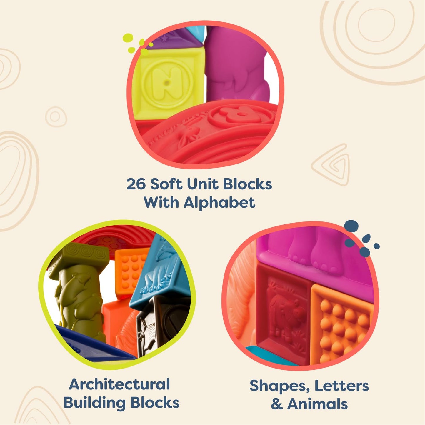 B. toys – Alphabet Learning Blocks for Babies & Toddlers – 26 Soft Squeezable ABC Blocks with Textured Animals – Educational Toys for Sensory Play, Bath Time & Early Development – 6+ Months