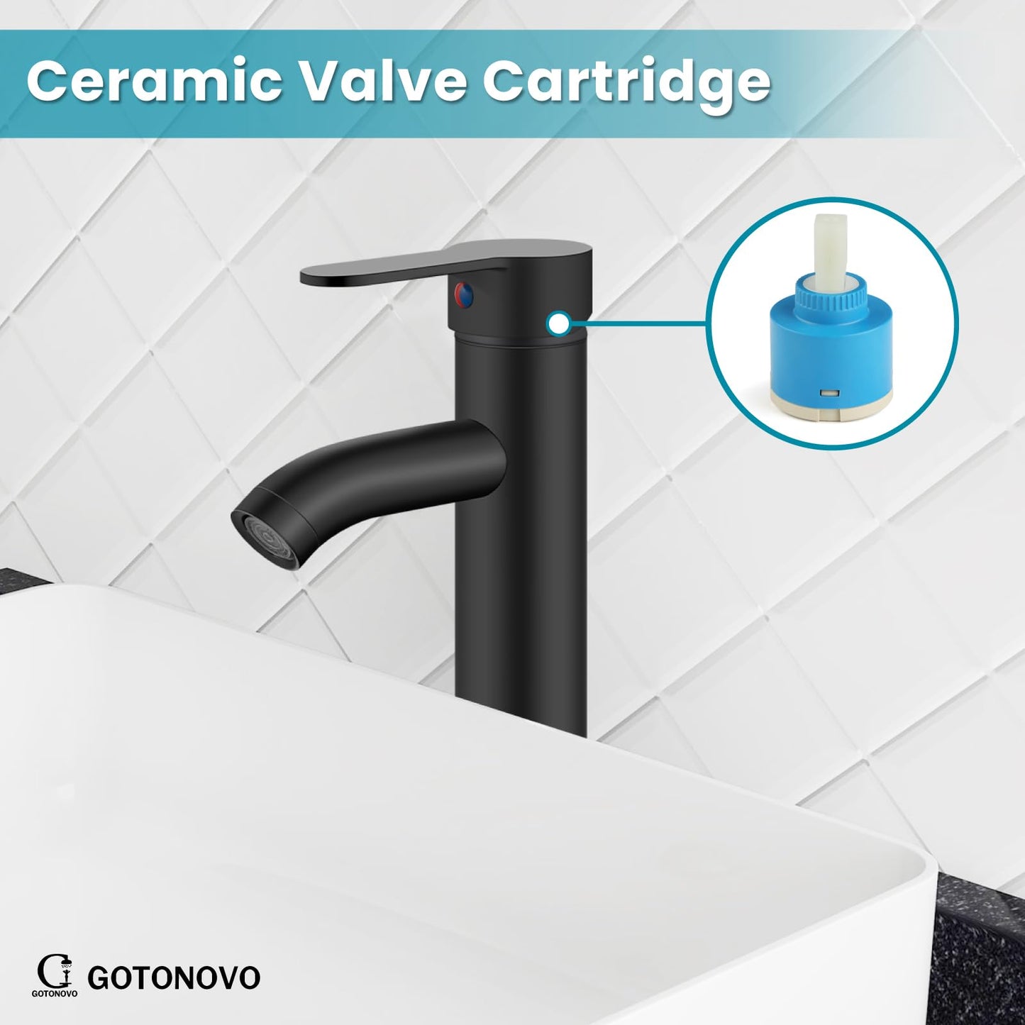 gotonovo Vessel Sink Faucet Modern One Hole Bathroom Faucet Deck Mount Lavatory Vanity Single Handle Mixer Tap with Water Supply Hose and ABS Pop Up Drain Matte Black