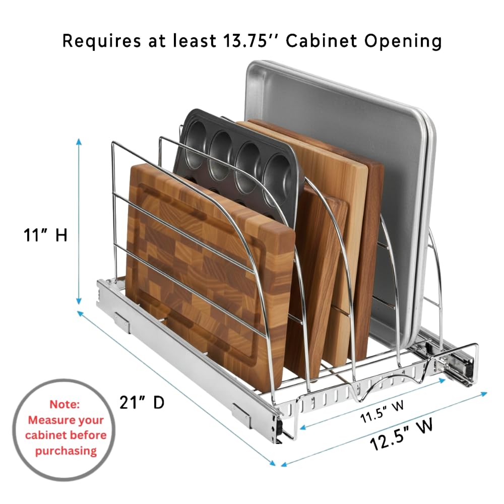 HOLDN’ STORAGE Pull Out Organizer for Bakeware, Cutting Board and Trays, Adjustable Dividers - Heavy Duty, Lifetime Limited Warranty - For Narrow Cabinet Spaces, 12.5”W x 21”D x 11”H, Chrome
