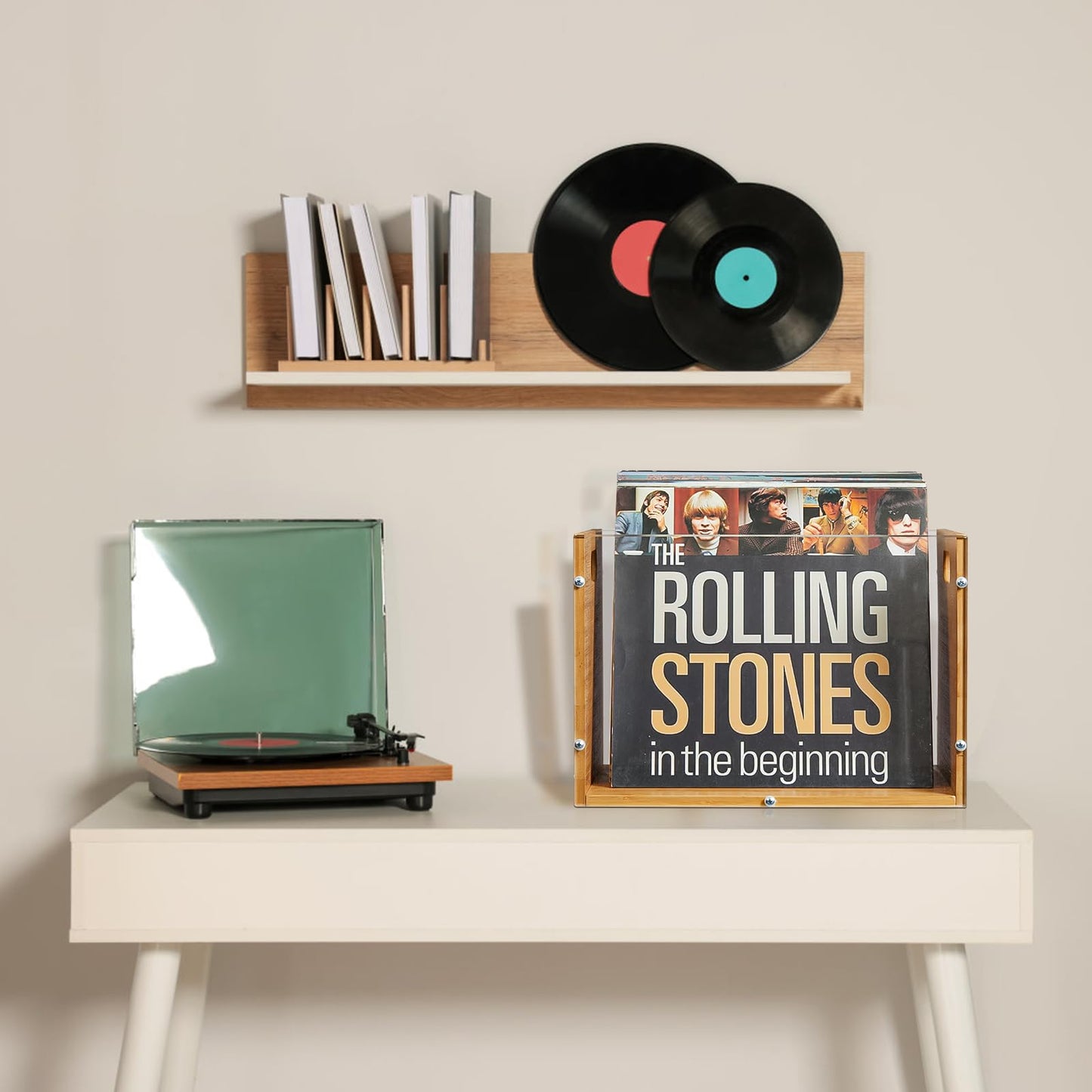 X-cosrack 2-Pack Vinyl Record Storage Box Crate, Visible Acrylic & Bamboo Vinyl Record Holder Crate with Handle, Cube CD Holder for LP Album Storage and Organizer, Easy to Assemble