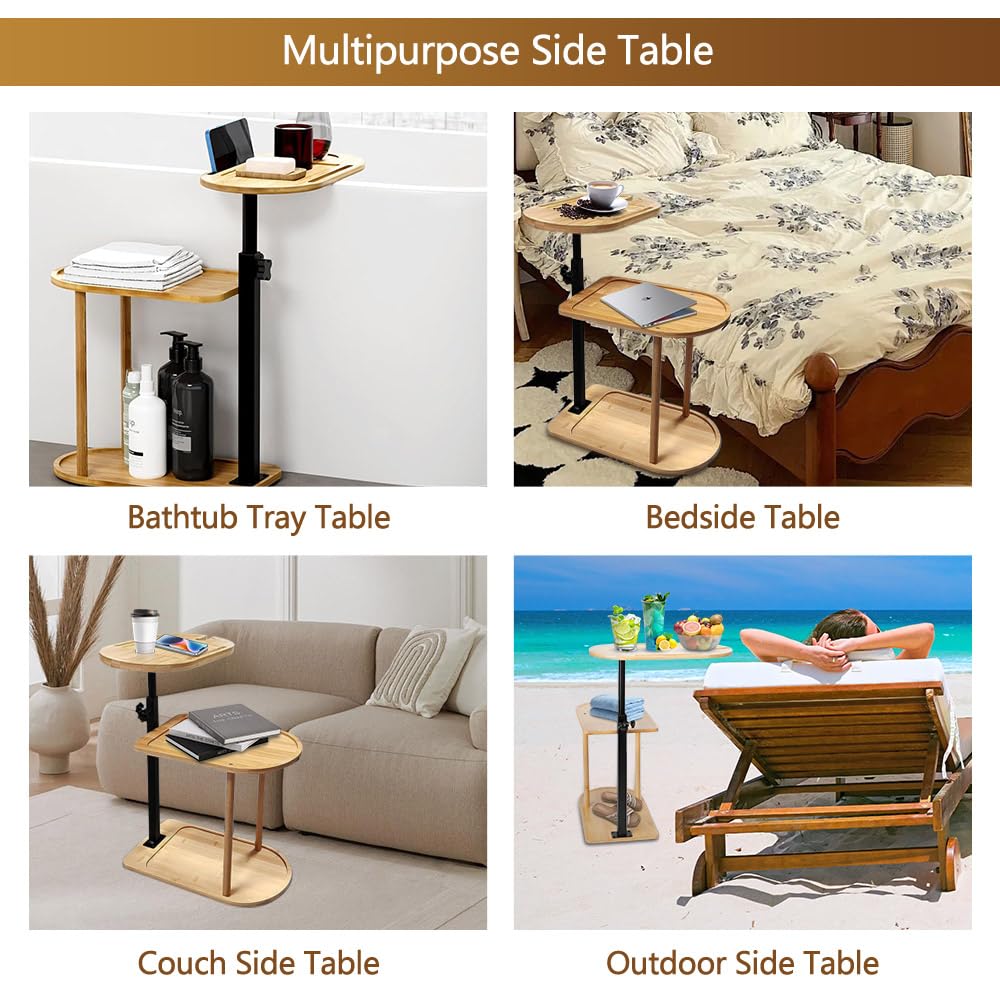 BeGyoku 3 Layer Bathtub Tray Table,Bamboo Swivel Bathtub Side Table Height Adjustable,Freestanding Bathtub Tray for Tub Against Wall,Bathtub Accessories&Bathroom Organizer for Luxury Home Spa-Natural