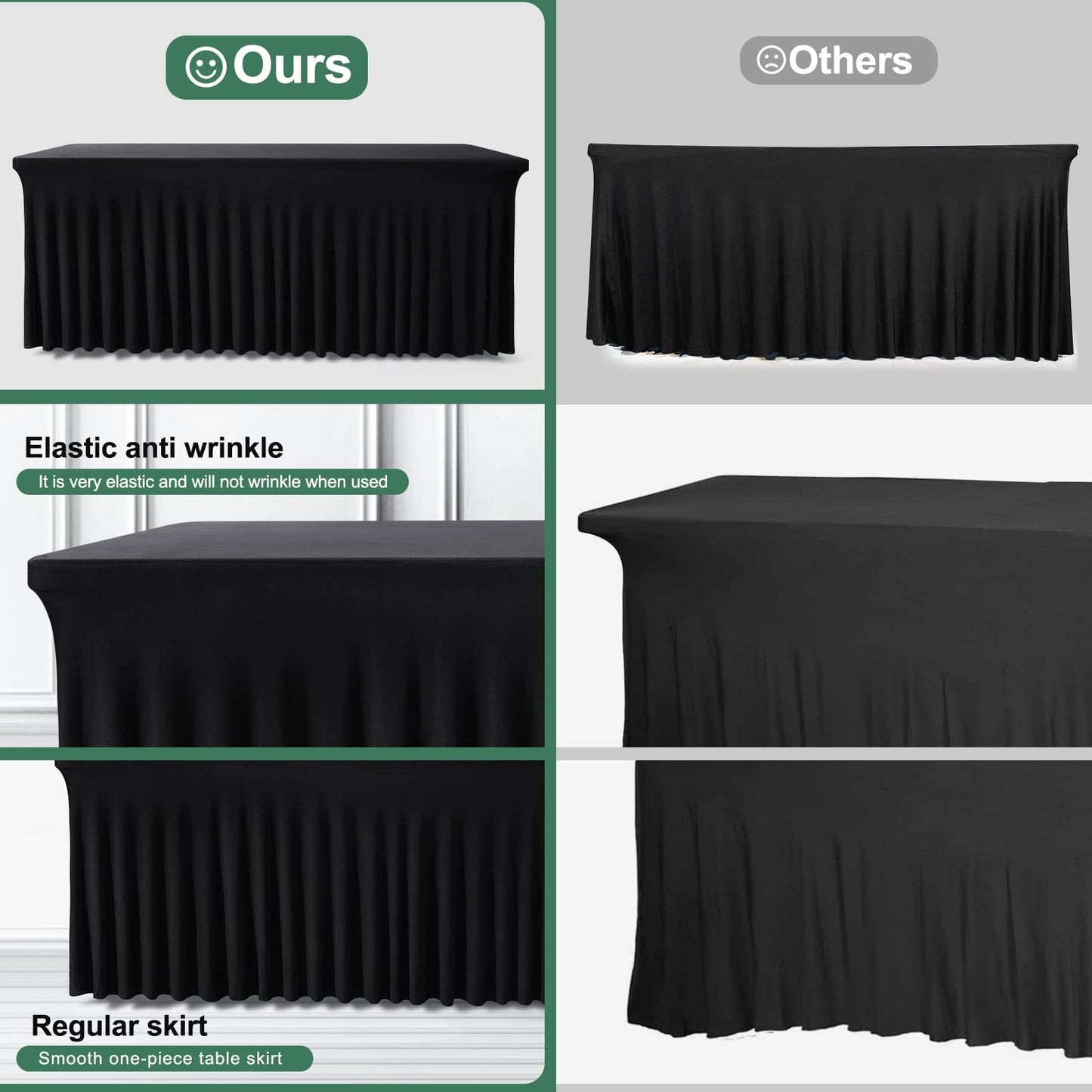BDDC Table Skirts for Rectangle Tables 6ft - 2 Pack One-Piece Black Tablecloths and Skirt, Wrinkle Resistant Ruffles Elastic Cover for Banquets, Weddings, Events, Parties