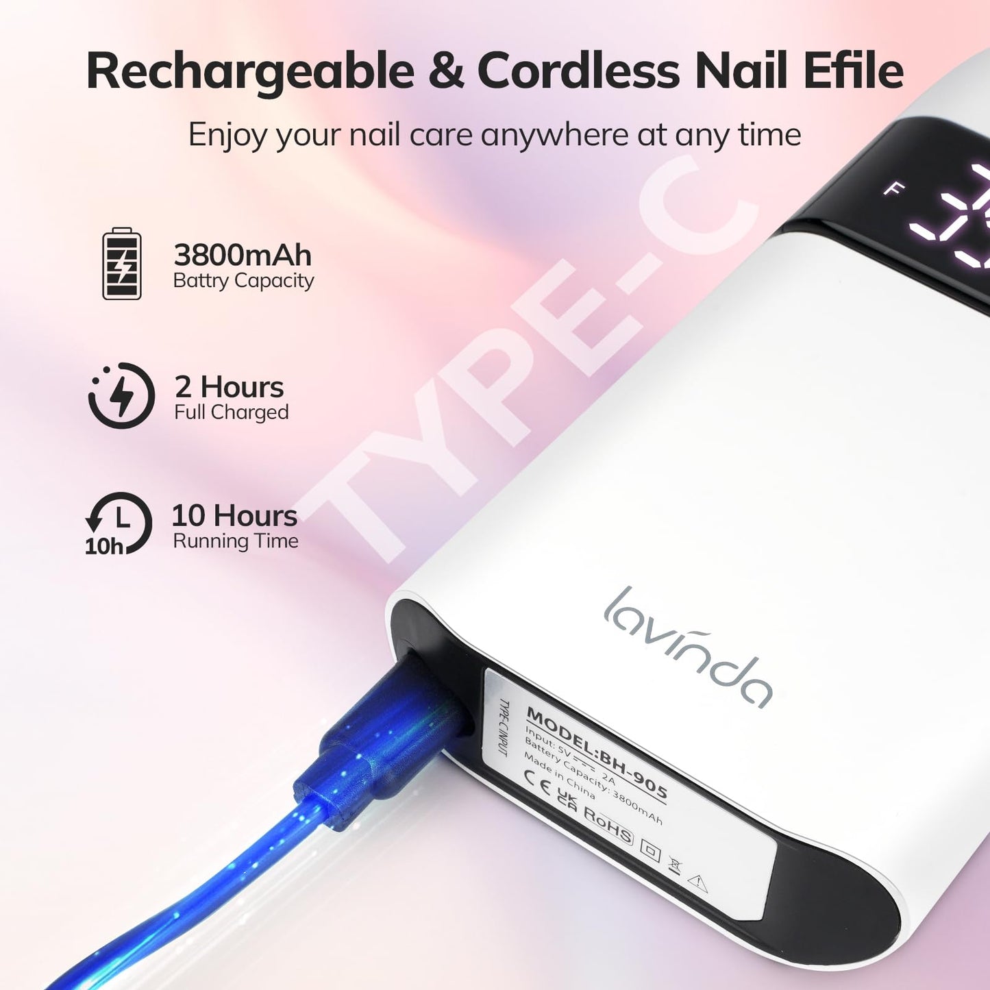 Lavinda Professional Nail Drill Machine, 35000RPM Electric Nail File Cordless Rechargeable Nail Efile for Acrylic Gel Nails, Manicure Pedicure Polishing Shape Tools for Salon Home Use-White