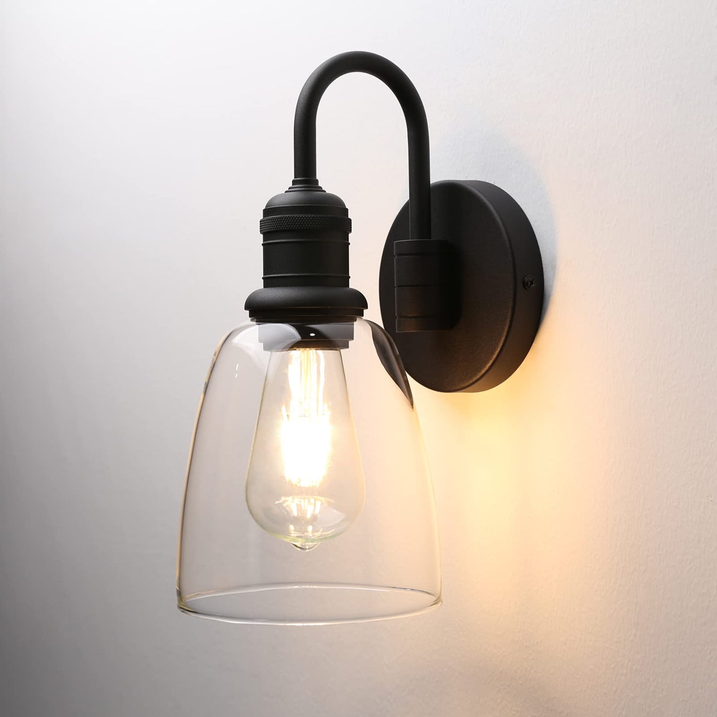 JIMUBEAM 1-Light Vintage Gooseneck Wall Sconce Lamp with Cloche Clear Glass Shade, Industrial Indoor Wall Light Fixture for Bathroom Living Room Bedroom Over Kitchen Sink