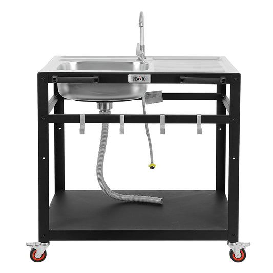 35” Outdoor Grill Cart with Sink, Outdoor Kitchen Sink Station with Hose Hook Up, Free Standing Sink with Wheels, 304 Stainless Steel Sink with Single Bowl, Outdoor Utility Sink with Faucet