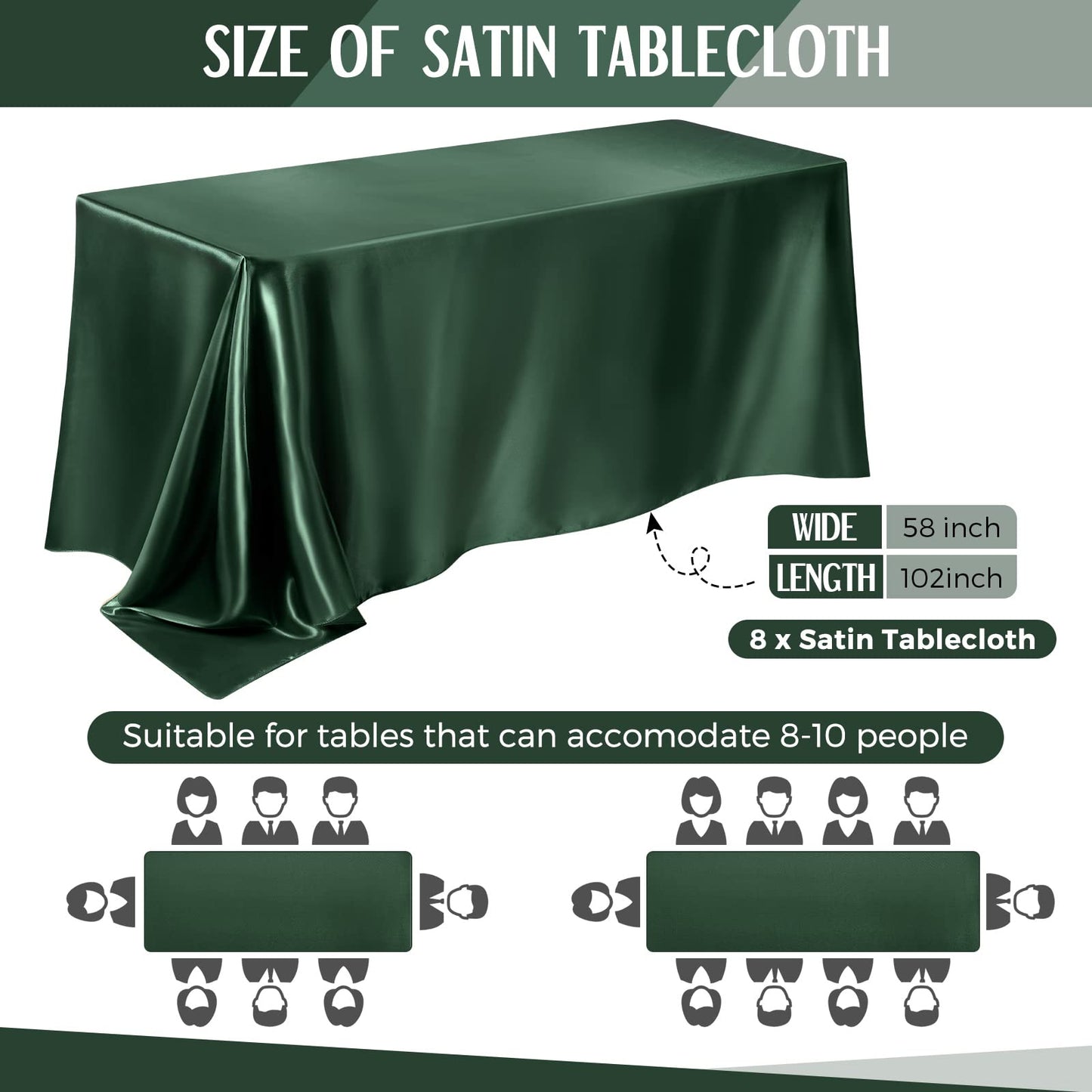 Lounsweer 8 Packs Satin Tablecloth 102 x 58 Inches Rectangle Table Cover Silk Smooth Fabric Party Table Cloth for Rectangle Parties, Holiday Dinner Wedding Banquet Decoration(Dark Green)
