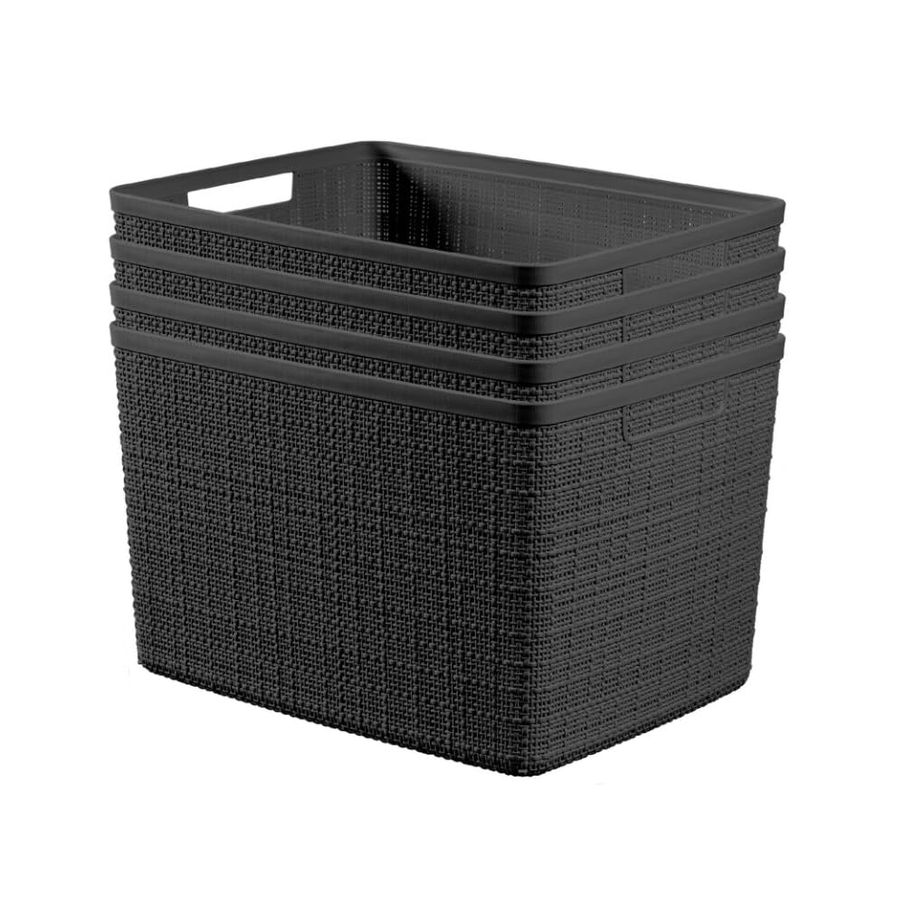 Curver Set of 4 Large 20L Jute Decorative Plastic Organization and Storage Baskets - Perfect Bins for Home Office, Closet Shelves, Kitchen Pantry and All Bedroom Essentials, Black